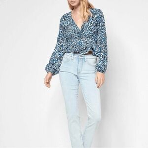 Express Women's Leopard Print Twist Front Tiered Ruffle Peplum Top in Blue